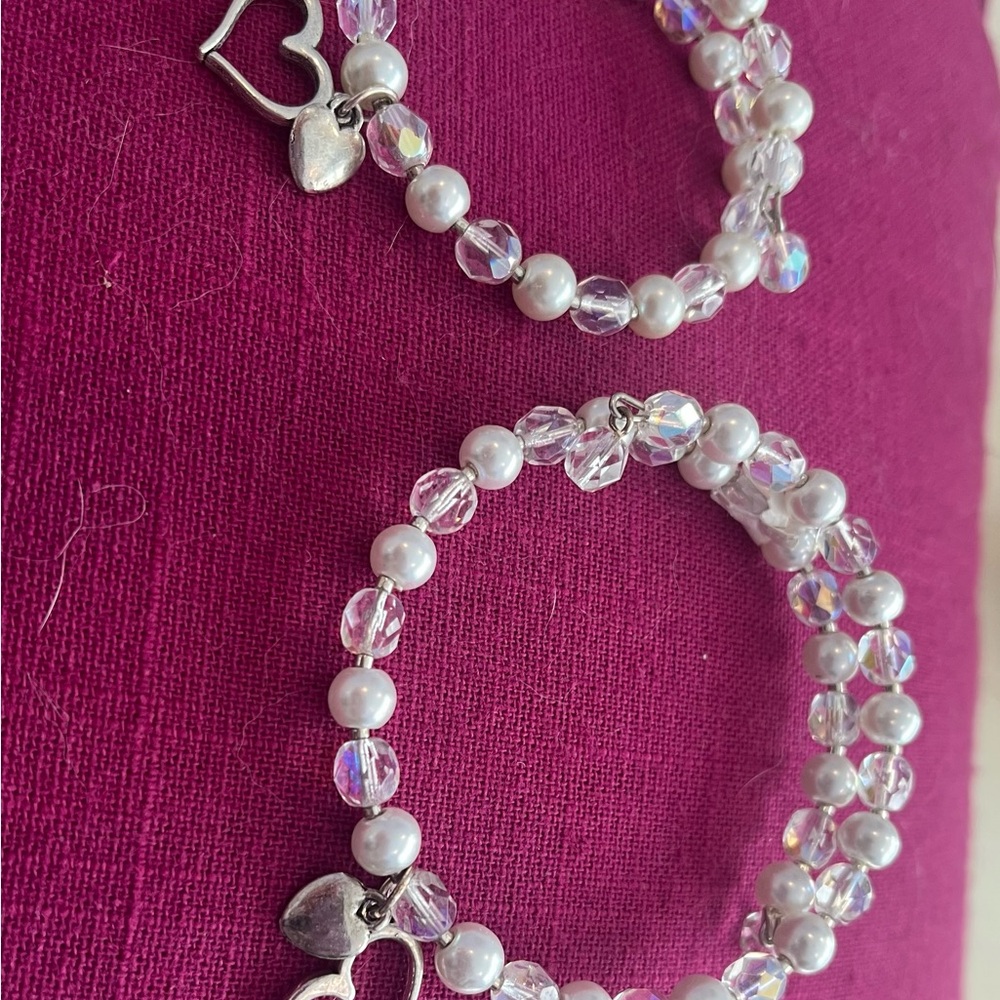 Mother and Daughtwr Elegant Silver tone and White Beaded Bracelet Set with heart